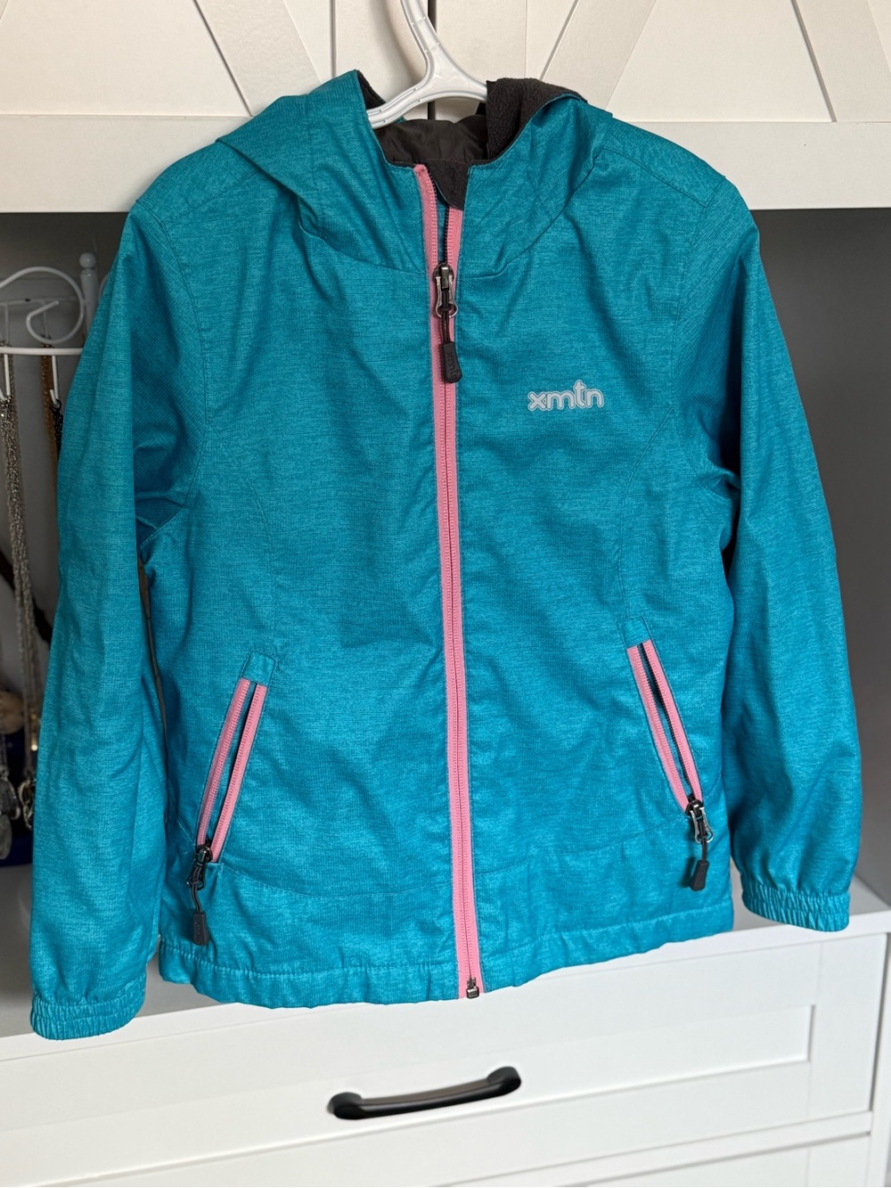 Kids Teal Hooded Rain Jacket with Pink Accents